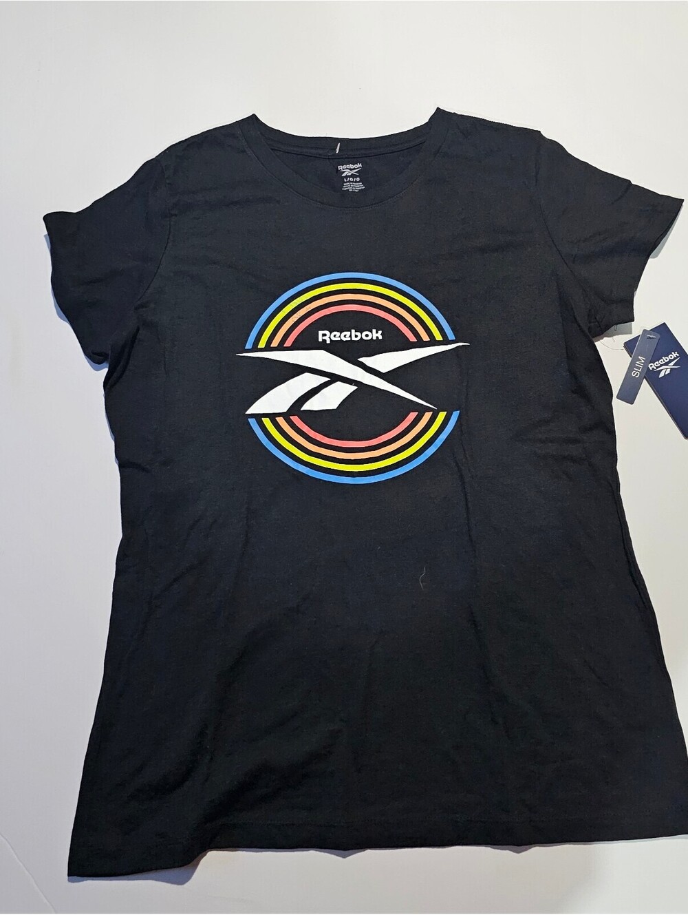 Reebok Women's Black Rainbow Logo T Shirt Size Large